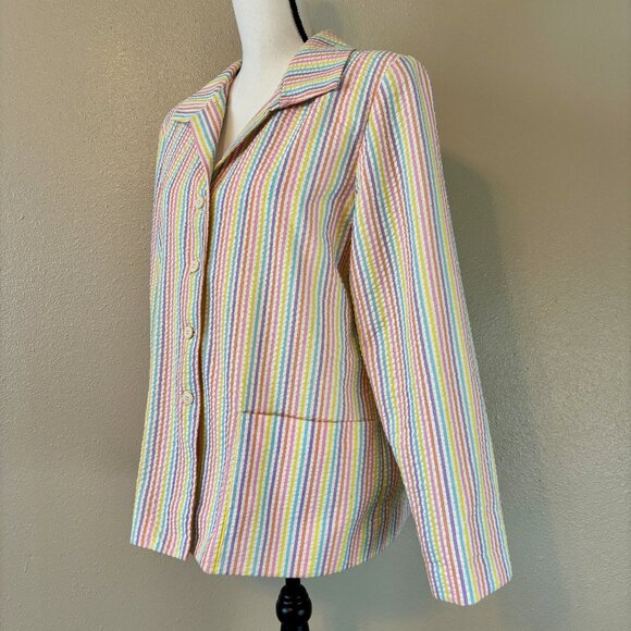 Adorable White Seersucker Jacket with Rainbow Pastel Striped‎ Jacket Womens - Picture 4 of 10